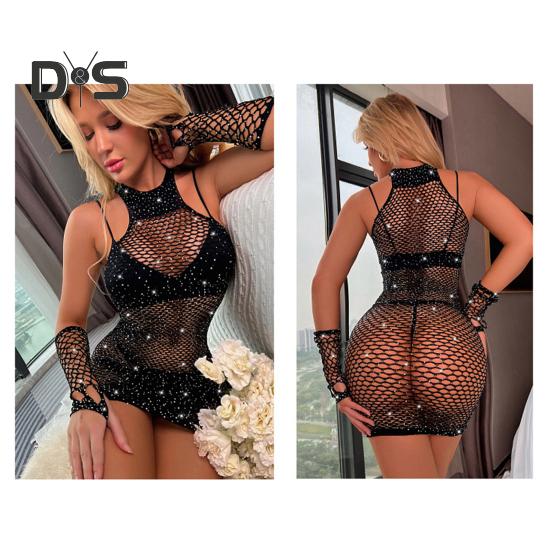 Dámská noční košilka Rukavice Set Průhledná vyhloubená síťovaná krajka Lesklá drahokamu Dekor Pochva Hubená Ložnice Líbánky na spaní