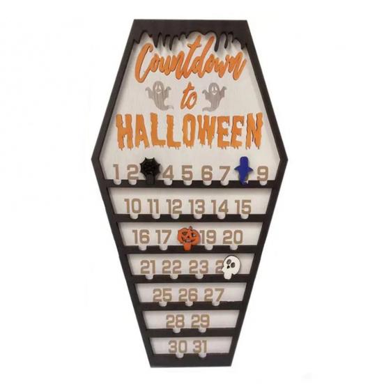 Halloween Countdown Calendar Wooden Coffins Shape Countdown Plaque Ornaments with Pumpkins Ghosts Bats Haunted House Party Decoration