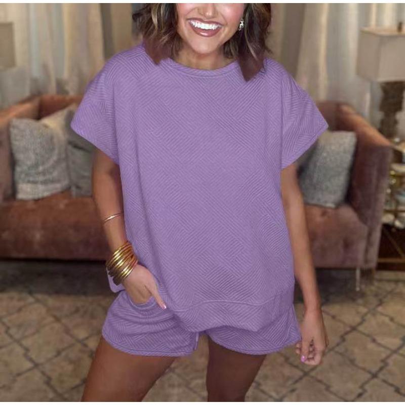 YYFS Moda dame ocazional vară primăvară culoare uni imprimeu mâneci scurte cu gâtul O pantaloni pantaloni costume