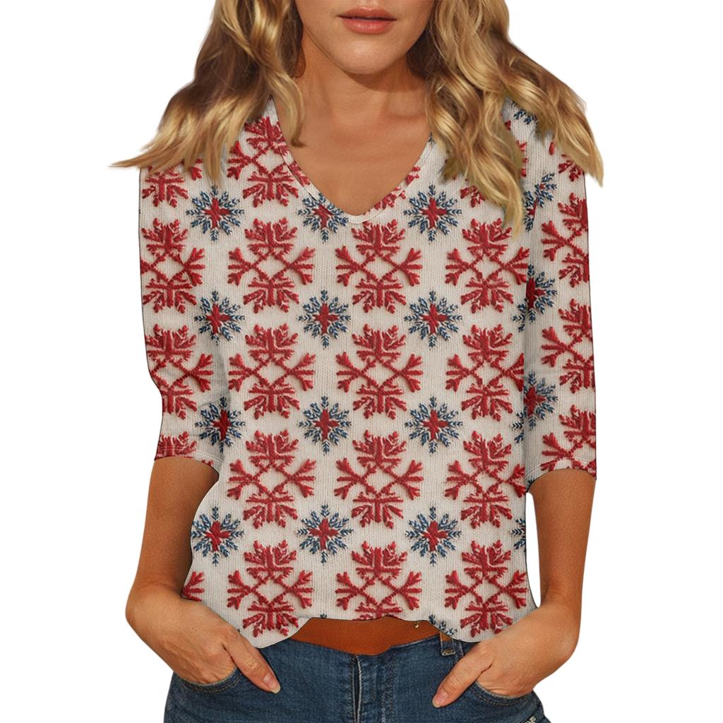 Women's Casual Fashionable Sexy Comfortable V-Neck Christmas Three-Quarter Sleeve Top