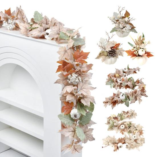 Autumn Harvest Festival Artificial Garland Thanksgiving Day Hanging Berry Pinecone White Pumpkin Fake Maple Leaves Vine Rattan Farmhouse Decor