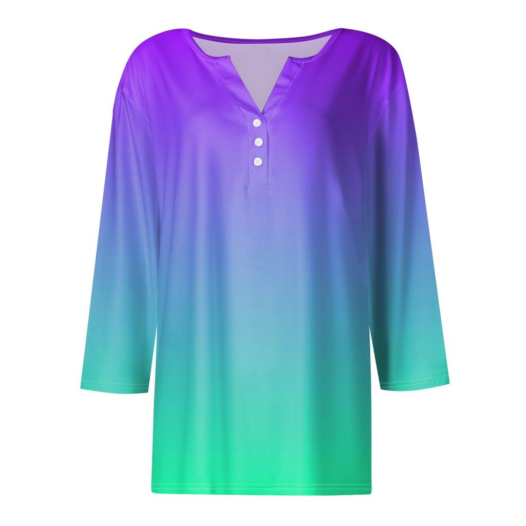 Women's T Shirt Tee Print Button  3/4 Sleeve Daily Weekend Fashion Basic V- Neck Regular Top