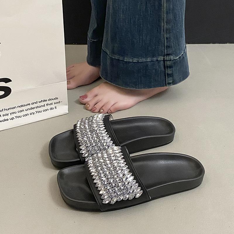 New summer rhinestone fashion outer wear casual open-toe one-word buckle sandals flat-soled cool slippers women