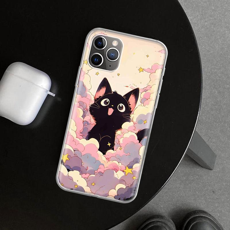 Anime Cute Black Cat Meow Phone Case Cover for iPhone 11 12 13 Mini 14 15 Plus 16 Pro Max 17 Air 7 8 + SE Art Customized Fundas