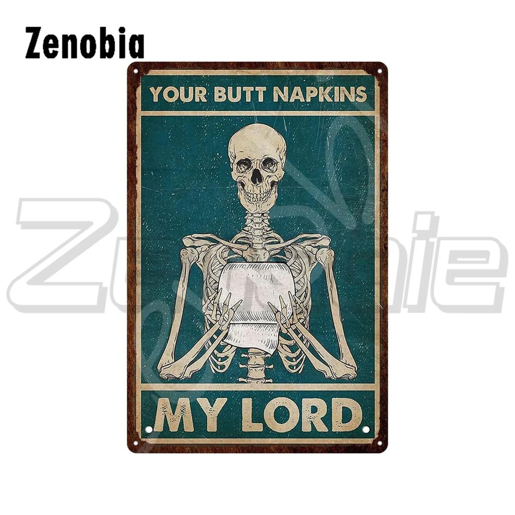 Metallschild mit Totenkopf und Text „Your Butt Servietten My Lord“, Vintage-Blechschild, Blumenskelett, lustiges Metallschild, Badezimmerdekor
