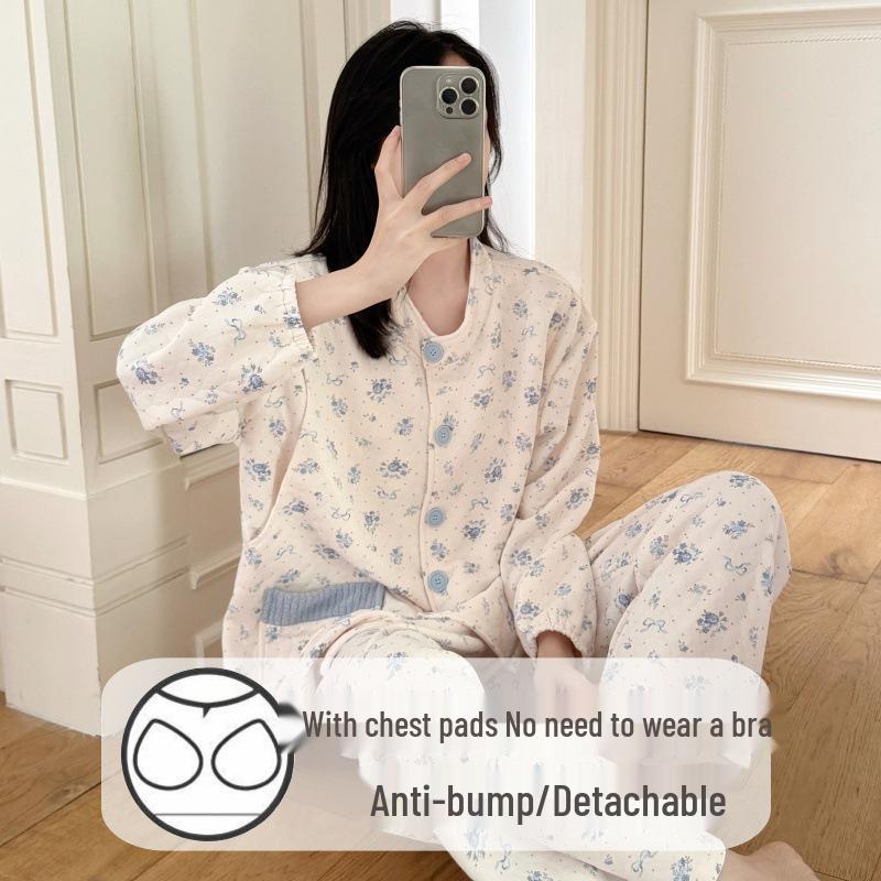 

Da Ju Yan Xuan Maternity Sleepwear: Air Cotton Layered Top with Chest Pads for Breastfeeding Moms - Suitable for Spring, Autumn, and Winter XL