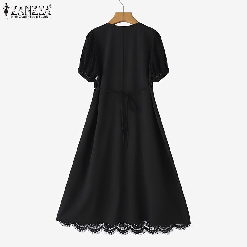 ZANZEA Women Summer V-Neck Casual Short Sleeve Patchwork Lace Dress
