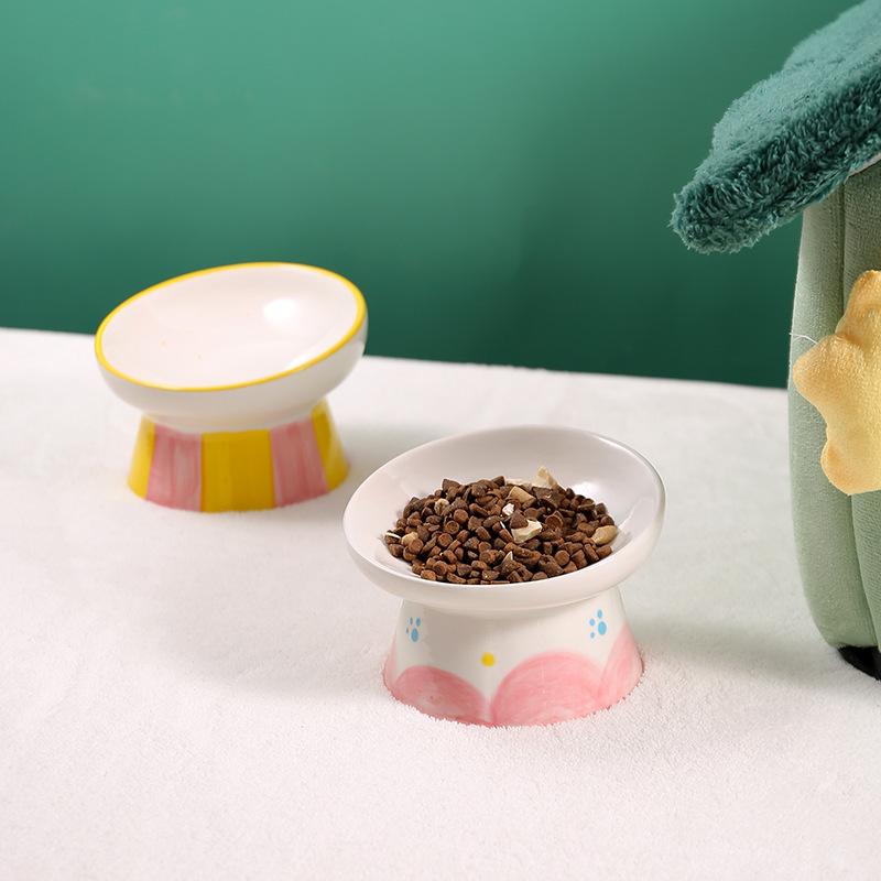 Hand-Painted Ceramic Cat Bowl: Cute, Multi-functional, Slanted for Neck Protection, High-Legged Design Suitable for Food & Water