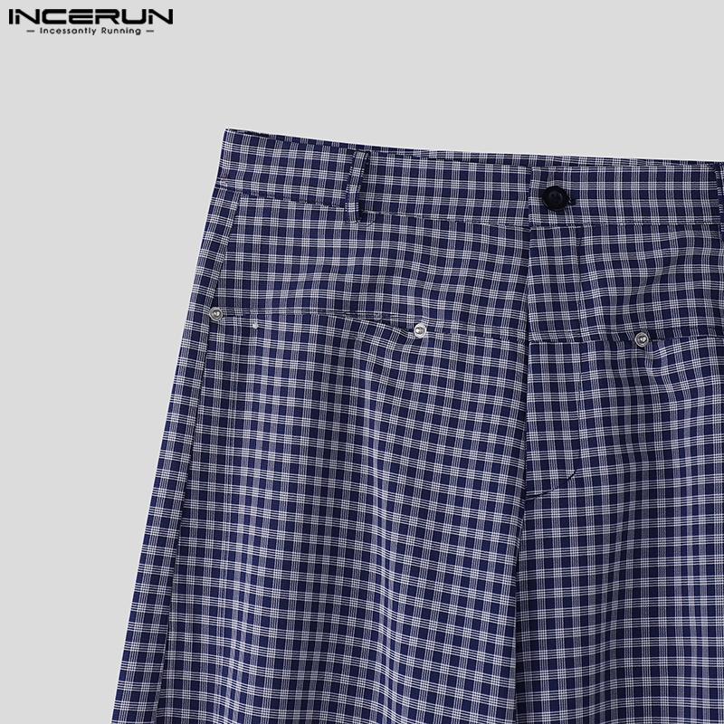 INCERUN Men Zip-up Waist Plaid Print Casual Long Straight Pants Bottoming