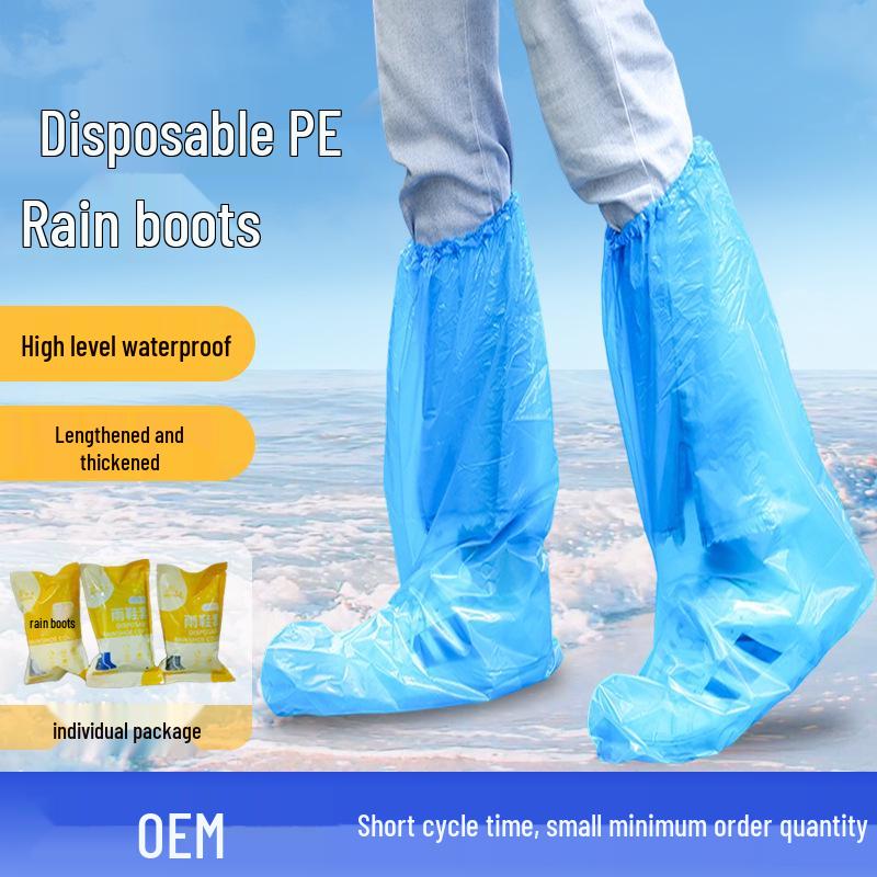 Blue Disposable PE Rain Boot Covers - Thick, Mid-High, Wear-Resistant, Waterproof Shoe Covers