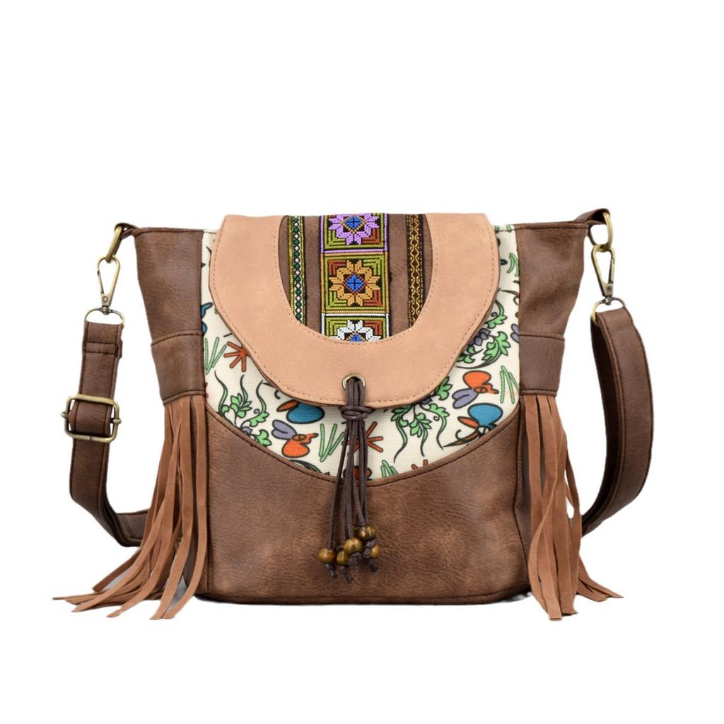 Vintage Torby na ramię z frędzlami dla kobiet Torby hobo z chwostami Duża torebka crossbody PU skóra Saszetka crossbody Damskie haftowane patchworkowe torby crossbody