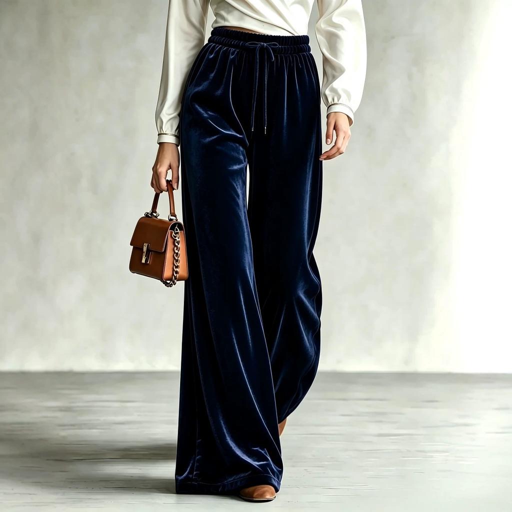 Women Solid‑Color Velvet Wide‑Leg Pants Elastic Drawstring High‑Waist Casual Trousers With Double Pockets For Autumn Winter