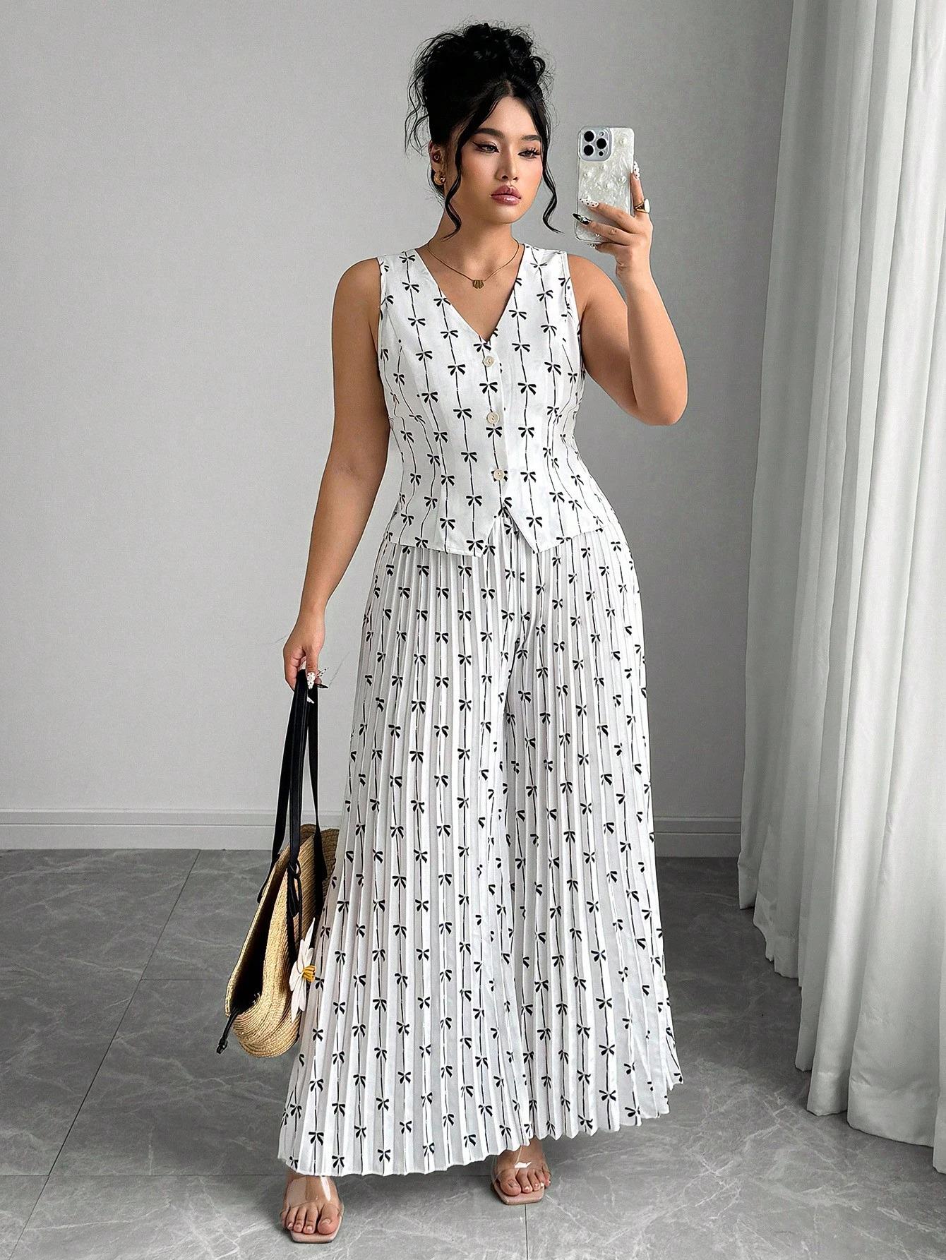 2026 European & American Plus Size Women s Sleeveless Vest & High-Waisted Wide-Leg Pants Set 3XL белый