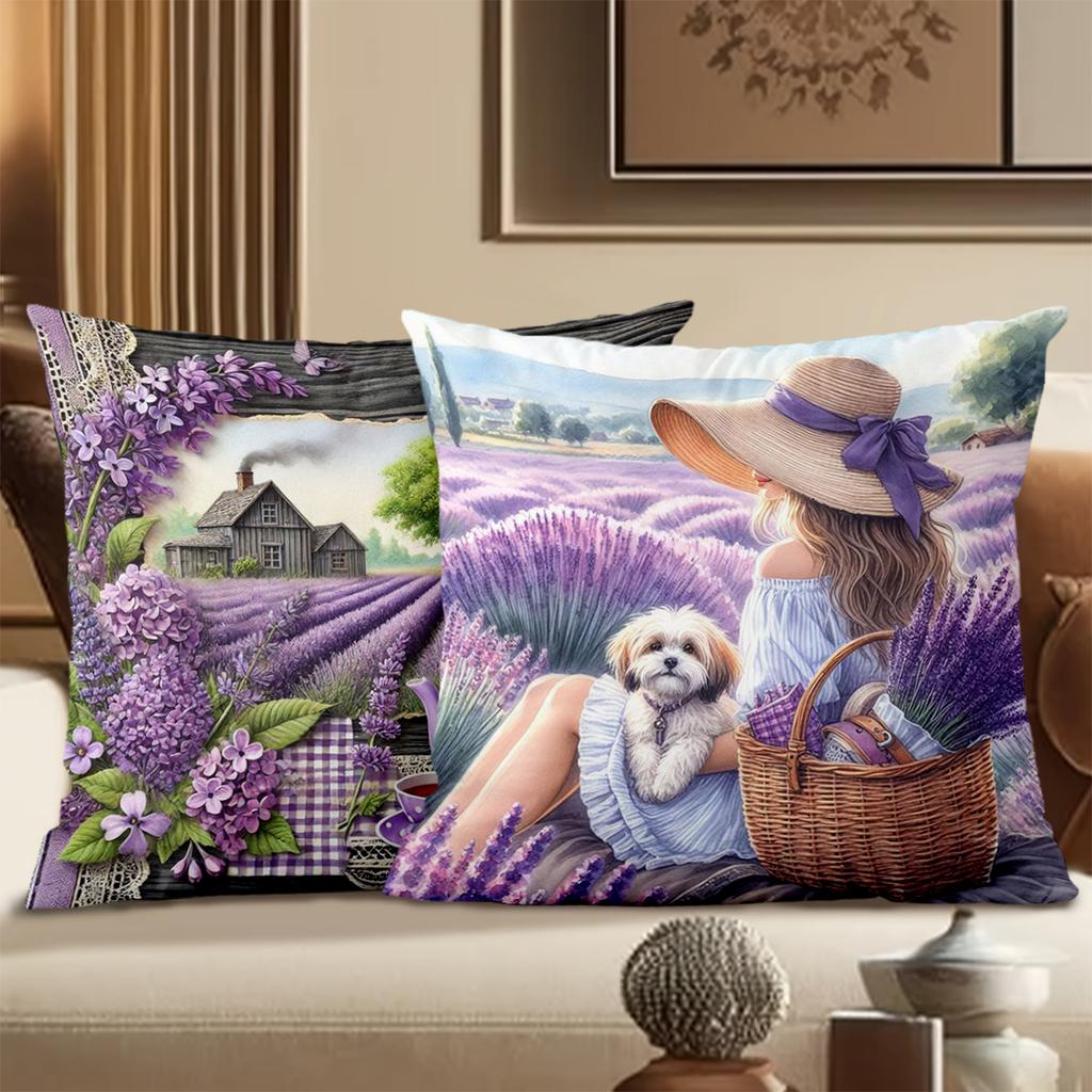 Lavender Themed Decorative Pillows With Country Scenes Polyester pillowcase, sofa decorative cushion cov Headboard Pillow