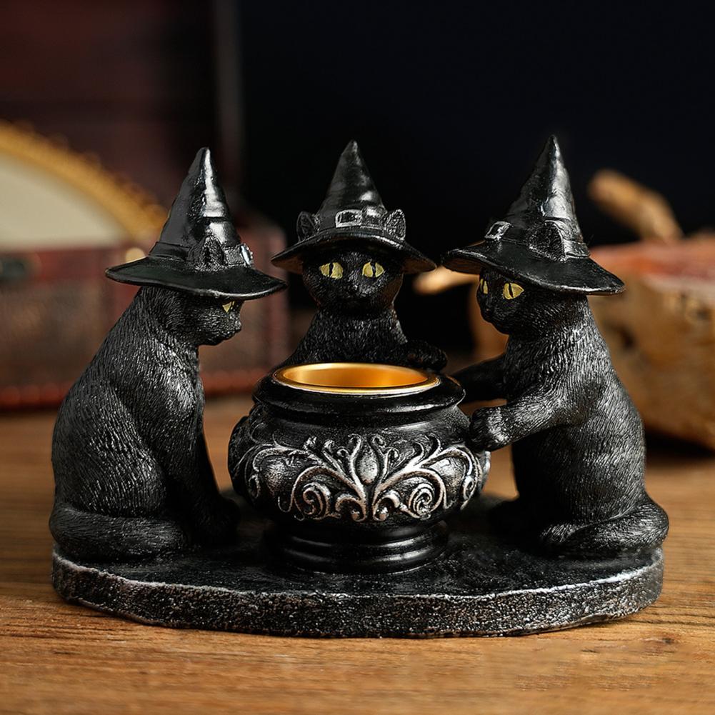 Festive Cat Decor Resin Black Cat Candle Holder with Witch Hat for Indoor Halloween Decor Spooky Tea Light Holder