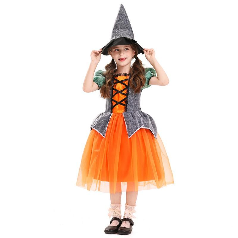 Girls Halloween Pumpkin Witch Dress Mesh Party Costume Kids Role Play Performance Outfit 110-160