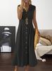 Women's long dress, suit collar, solid color button-down sleeveless swing dress