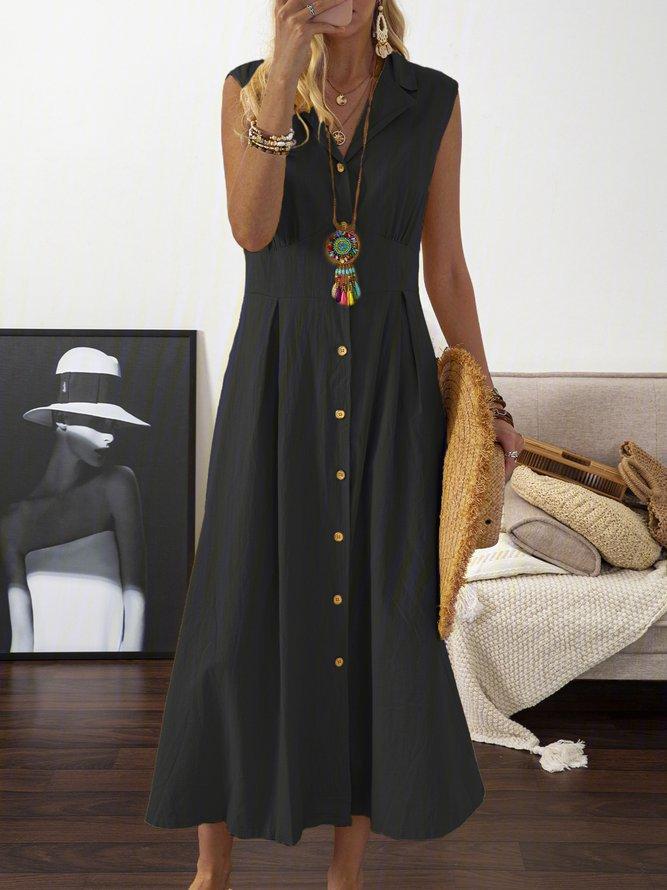 Women's long dress, suit collar, solid color button-down sleeveless swing dress