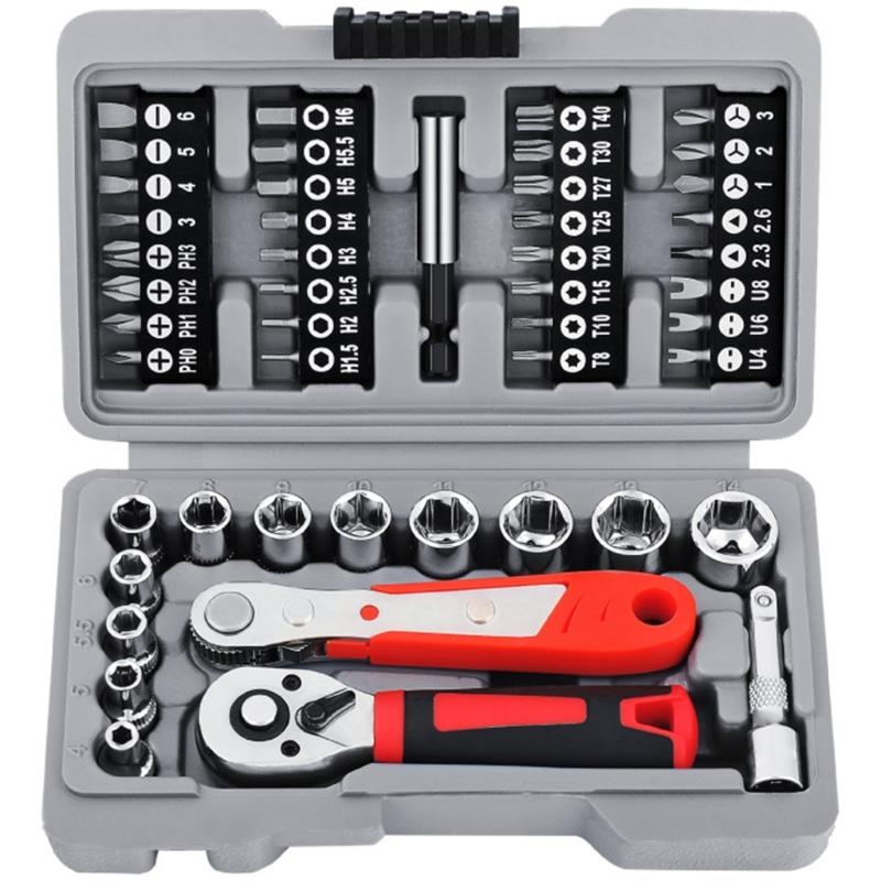 48Pcs Quick 1/4 Socket Wrench Ratchet Set Hexagonal Auto Repair Tool Wrench Ratchet Set Handle Professional Work Hand Tool 1