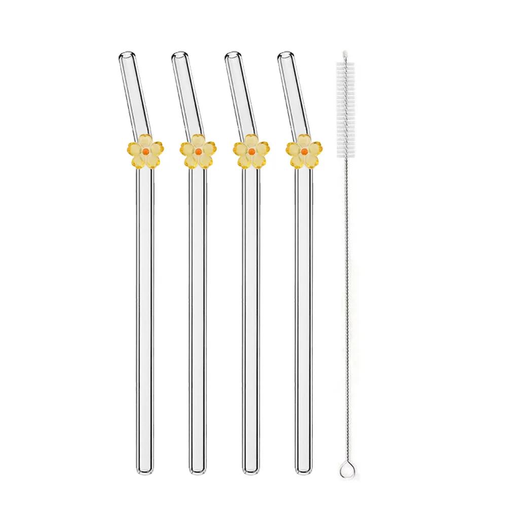 Flower Glass Straws Reusable Clear Straws for Smoothies Cocktails Drinking Eco Friendly Bar Tools Drinkware Straws with Brushes