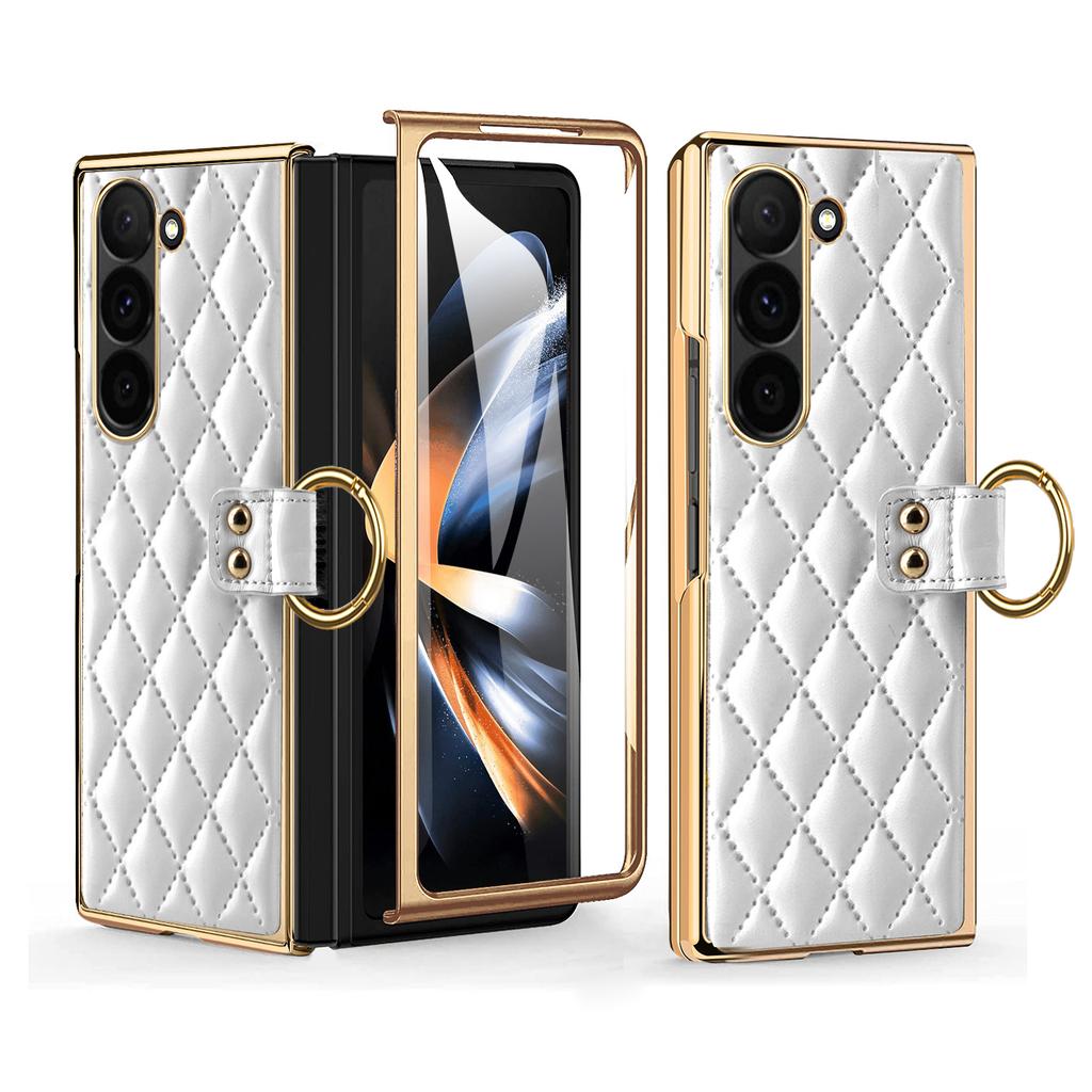 For Samsung Galaxy Z Fold6 5G Case Rhombus Grid Phone Cover with Tempered Glass Film