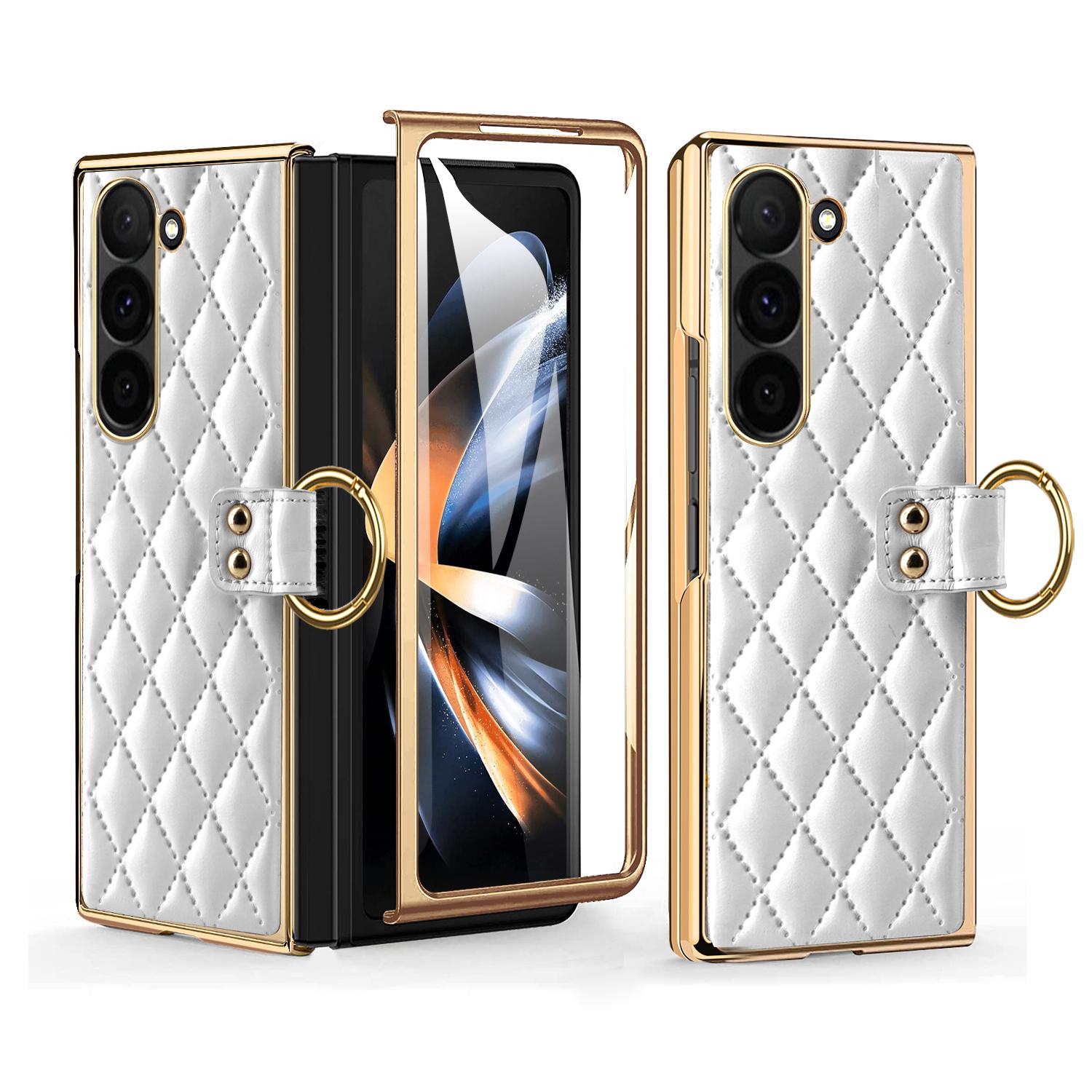 

For Samsung Galaxy Z Fold6 5G Case Rhombus Grid Phone Cover with Tempered Glass Film White
