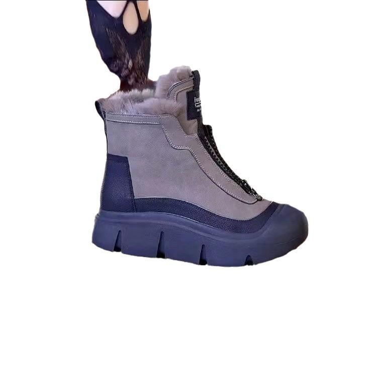 Damen Leder Schneestiefel mit Fleecefutter und Reißverschluss - Herbst/Winter 2025 Stil, Warm, Modisch Lässig, Dicksohlig, Baumwollstiefel mit weicher Sohle