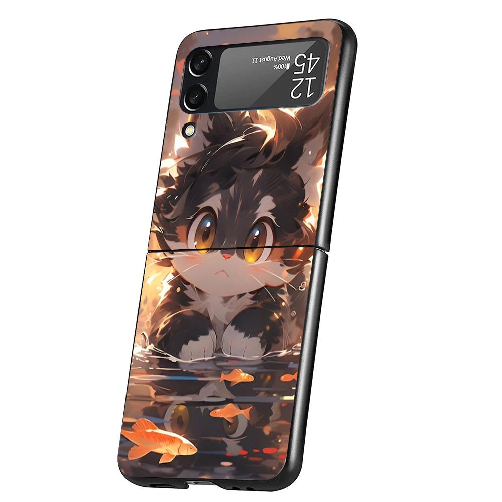 Cartoon Cute Cat Fish Aesthetic Cover Phone Case For Samsung Galaxy Z Flip 7 6 5 4 3 5G Flip7 Flip6 Flip5 Flip4 Flip3 Black Fund