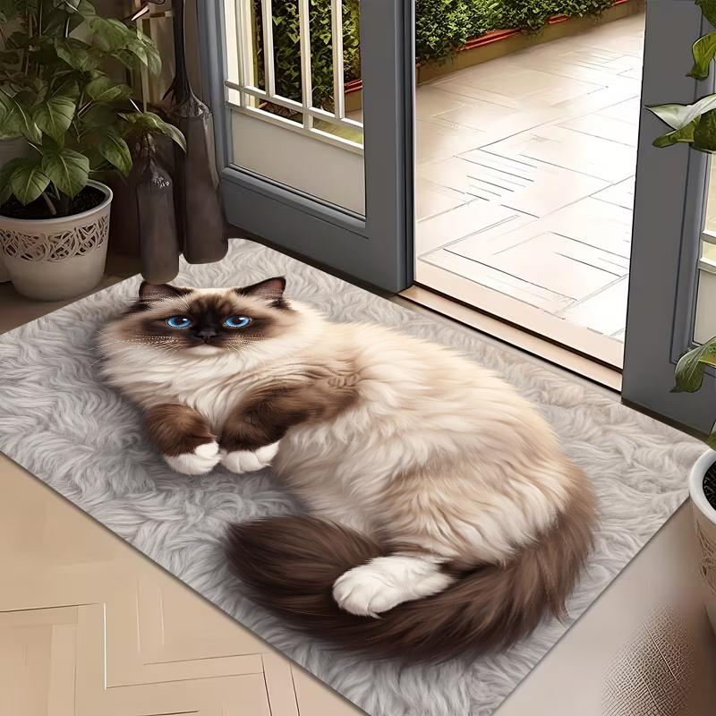 1 stk, 2D Flad Ragdoll Kat Liggende Realistisk Kæledyr Flanel Områdetæppe Skridsikkert Sødt Dyretæppe til Soveværelse Stue Gulv