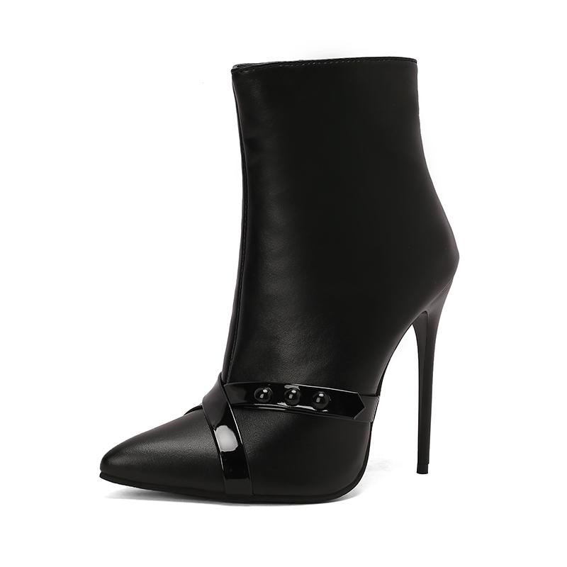 

Сексуальные ботильоны-стилетто женские с острым носком на супертонком высоком каблуке обувь 2024 осень зима черные с декором дединг 48