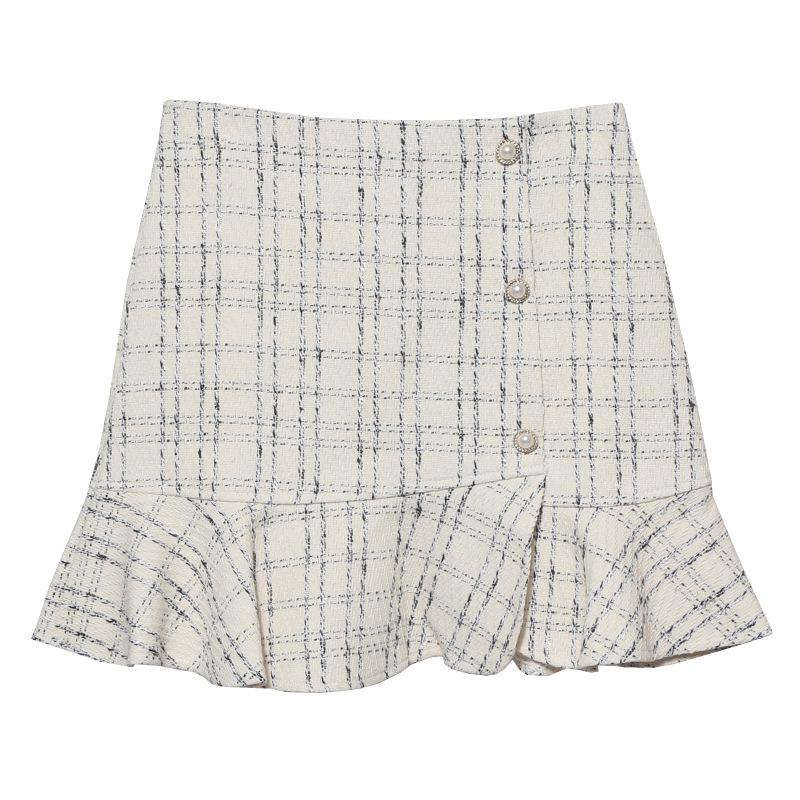 2023 Plaid Tweed High-Waisted Fishtail Mini Skirt