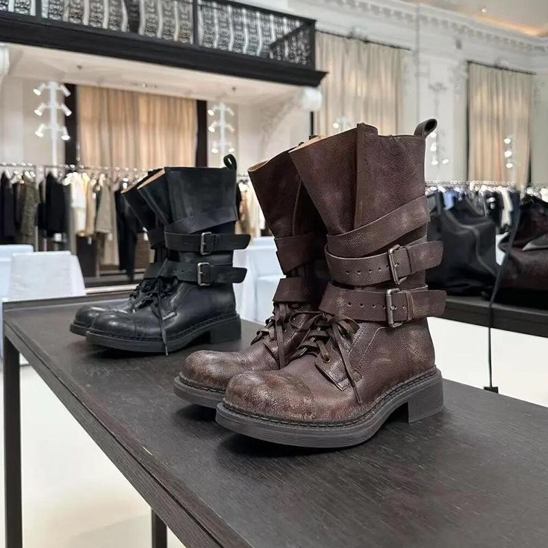 Cowhide version~ retro British Martin boots women's new thick heel belt buckle short boots locomotive boots genuine leather combat boots women