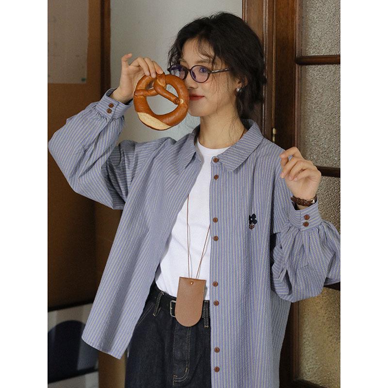 Japanese Blue Striped Embroidered Women s Shirt, Designer Niche, Spring 2026 Arrival, French-Inspired Long Sleeve Top S