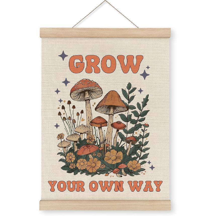 MAQIKA Mushroom Poster Framed with Wood Hanger, Mental Health Posters Wall Art, pirational Wall Decor, Mushroom Flower Canvas Wall Art for Mental grow