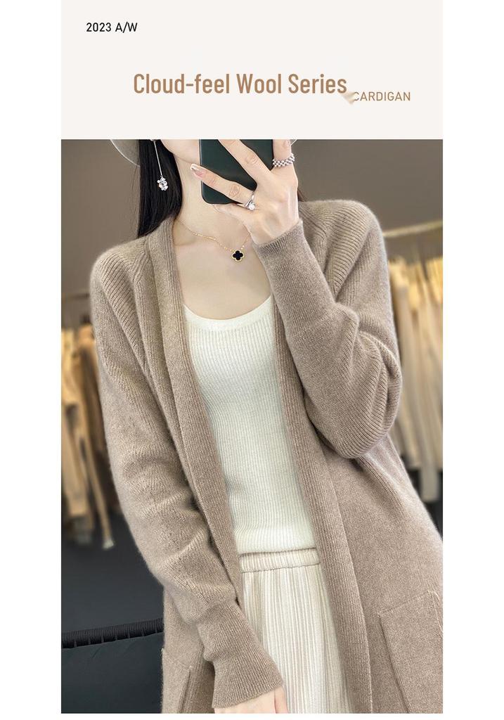 Women's Mid-Length Pure Wool Cardigan Coat - Autumn/Winter Casual Loose Fit with Lapel and Pockets
