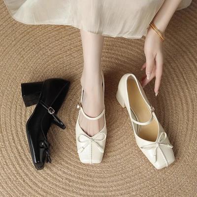 Butterfly Bow Square Toe Mary Jane Shoes Women's New Spring Shallow Mouth Thick Heel High Heels Shoes Women