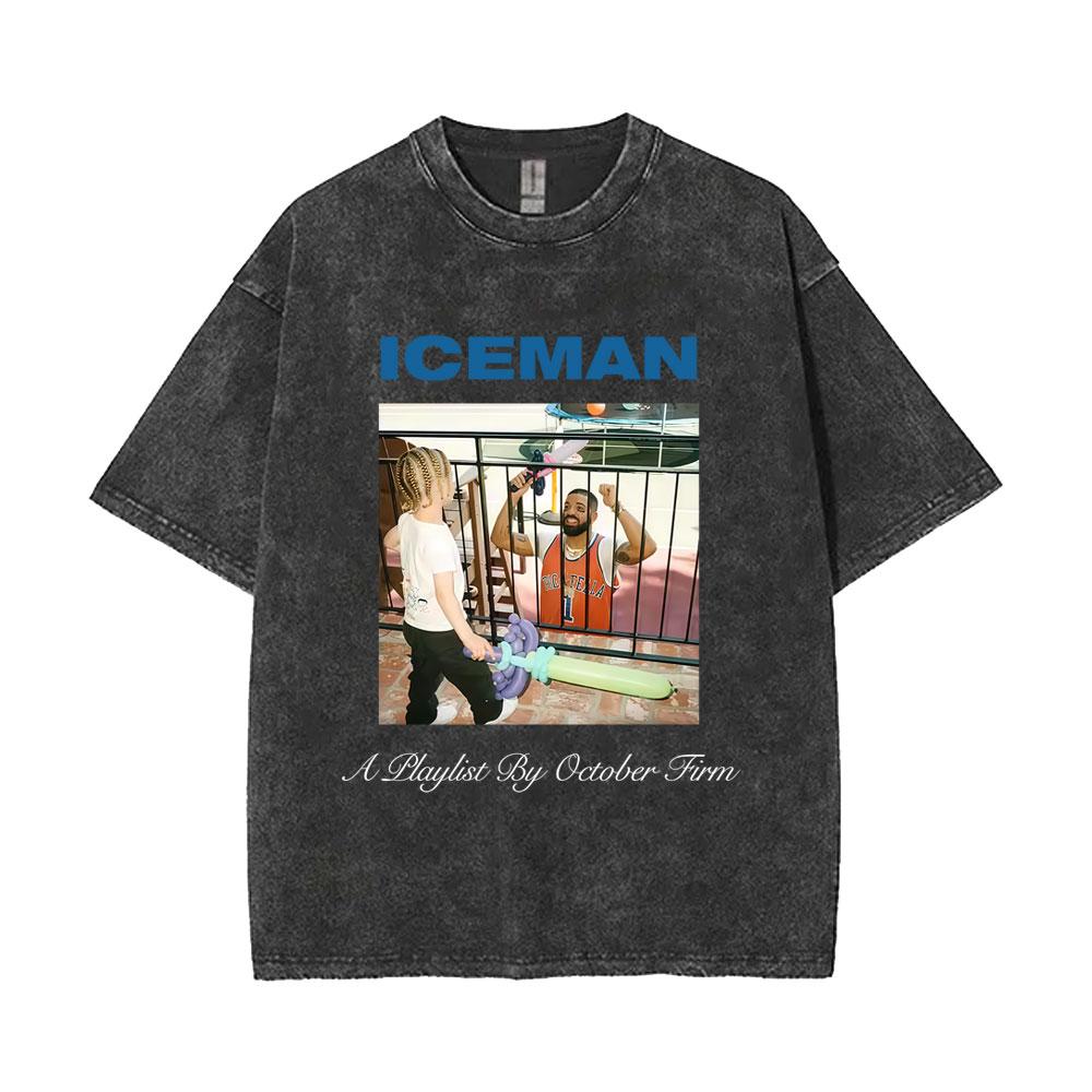 T-shirt Grafica Album ICEMAN Rapper Drake Vintage Lavato Uomo Donna Moda Hip Hop Oversize T-shirt Maschile Casual T-shirt in Cotone