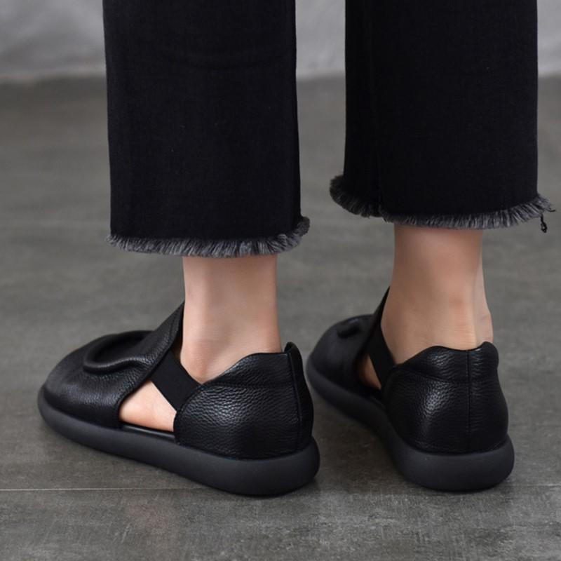 Johnature Simple Versatile Flat Sandals Genuine Leather Cowhide Hollowed Out Peep Toed Women's Shoes