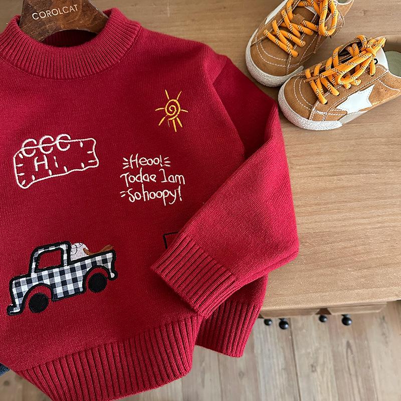 Boys' Winter Red Cartoon Car Pullover Sweater - 2025 New Style New Year Outfit