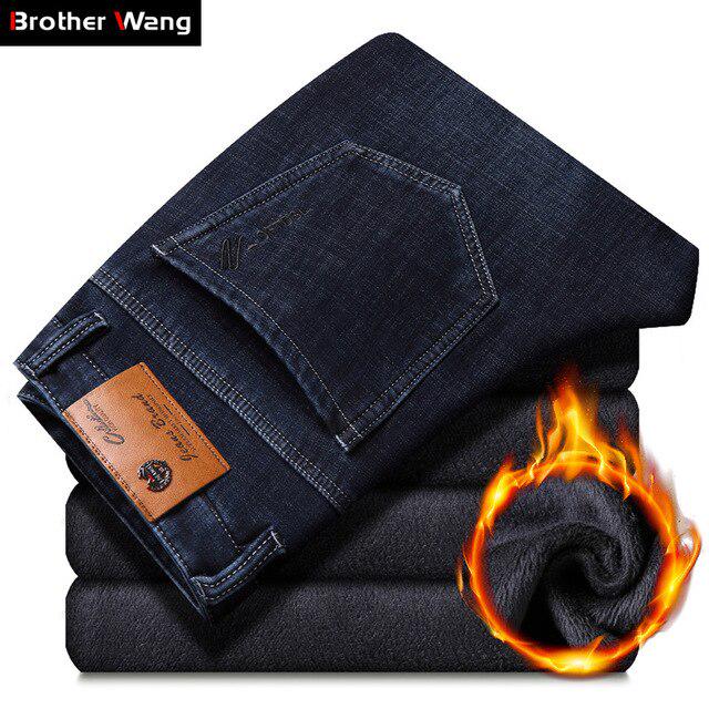 

Зимние мужские флисовые теплые джинсы высокого качества для бизнеса и отдыха, эластичные брюки из денима, мужские фирменные брюки черного и синего цвета 38