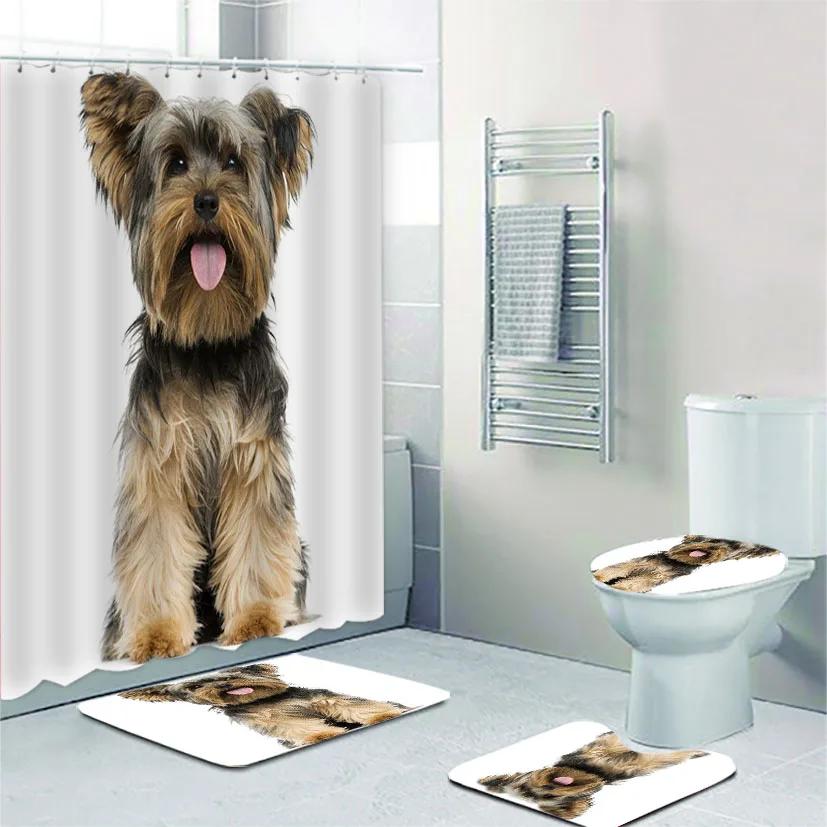Funny Laughing Yorkshire Terrier Dog Bathroom Shower Curtain Set Sitting Yorkie Puppy Doggy Bath Mats Rugs Toilet Bathroom Set