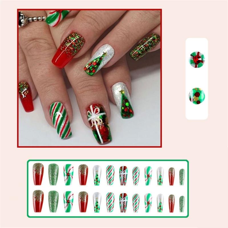 24Pieces Festive Press On Nail With Jelly Adhesive And Emery Board Christmas Themed Reusable Fake Nail For Women