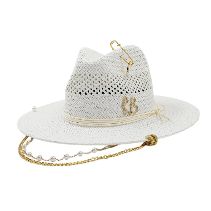 RB straw hat white pearl tassel series summer women s hat beach hat women s summer jazz hat trendy Panama straw hat 56-58cm