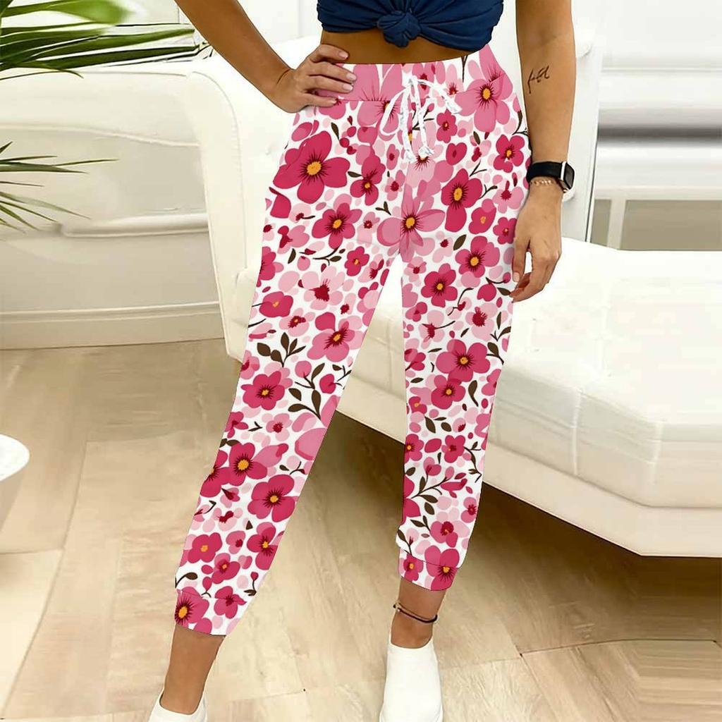 Summer Ladies Natural Herbs Prints Printed Sweatpants Loose Fit Drawstring Joggers Elastic Cuff Daily Casual Pants