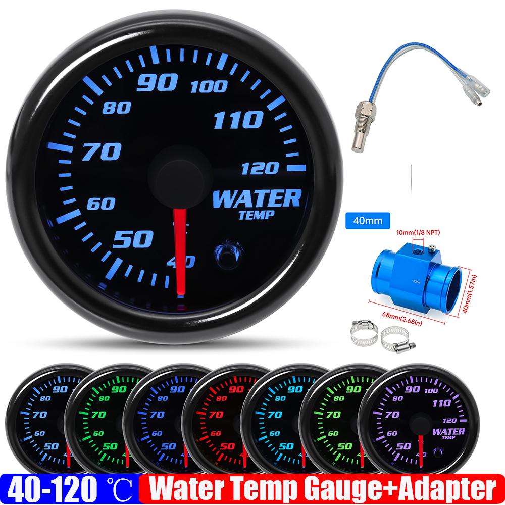 Smoked Face 7 Color Light 52mm Water Temperature Gauge with Temp Joint Pipe Sensor 26-40mm Hose Adapter for Gasoline Car 12V