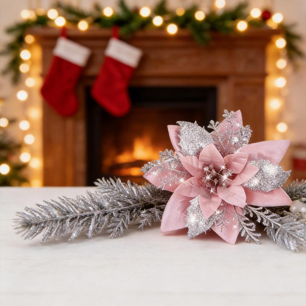 Gold Sparkle Christmas Floral Ornament Set: Three-Layer Simulation Flowers for Tree, Wreaths & Holiday Gifts