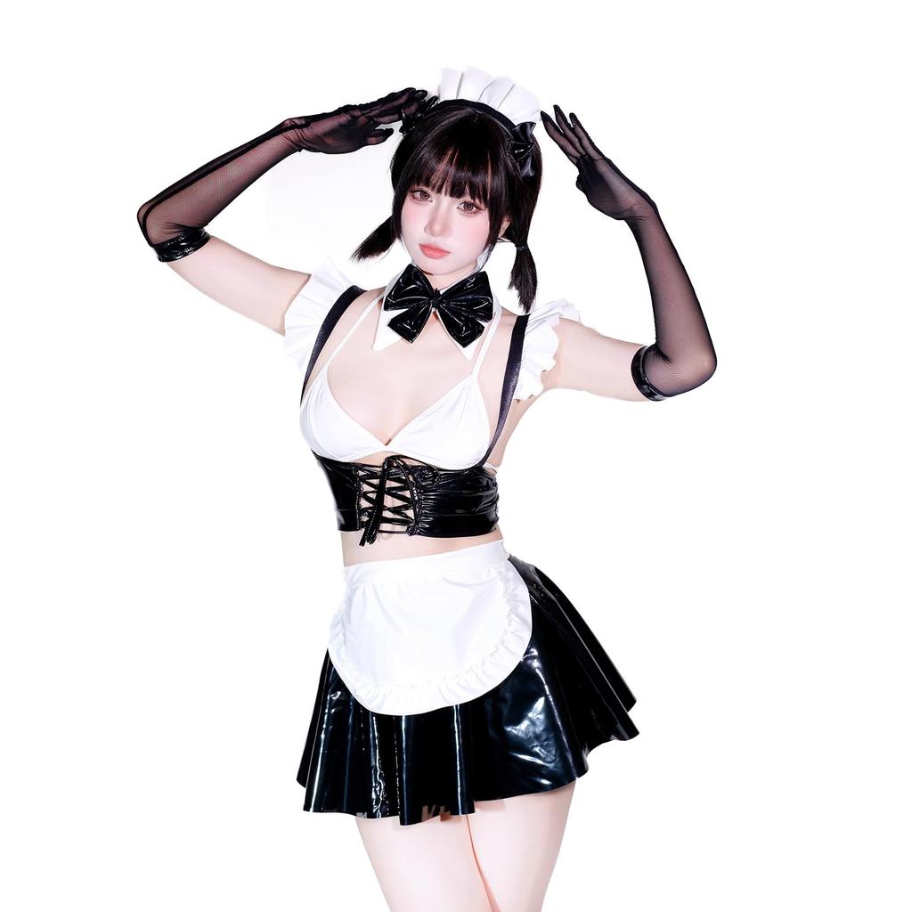 Maid Cosplay Sexy PU Leather Moe Demon Charming Cute Cute Bold Moe Lingerie Bodycon Enamel Costume Black Collar Bow Tie Tops Underwear Apron Mini