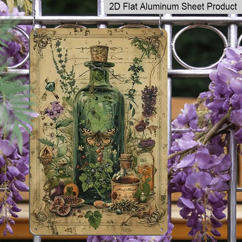 2D flache Vintage-Metallwandkunst mit dekorativen Schildern und Aluminiumplaketten von Kräuterelixieren, die rustikale Pflanzendrucke mit Glasflaschen zeigen