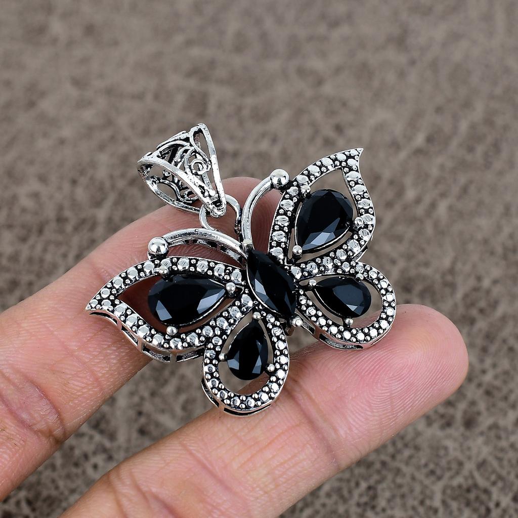 Black Spinel Gemstone Handmade 925 Sterling Silver Jewelry Pendant 1.65" KKG-3