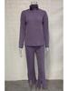 Spring 2025 Women's Solid Color Zippered Knit Set: High Neck Ribbed Loungewear Two-Piece